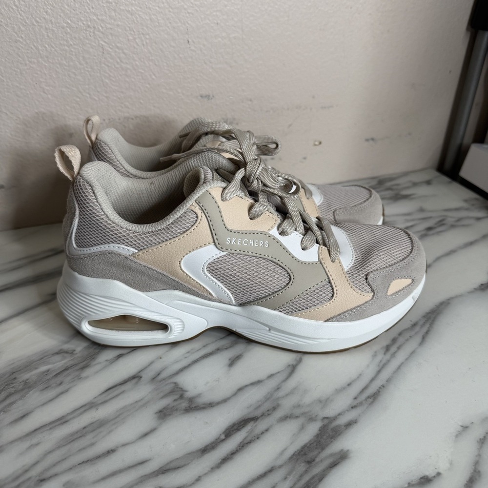Skechers Uno Neutral Tan White Womens Sneakers 73667 Memory Foam Shoes Size 8.5